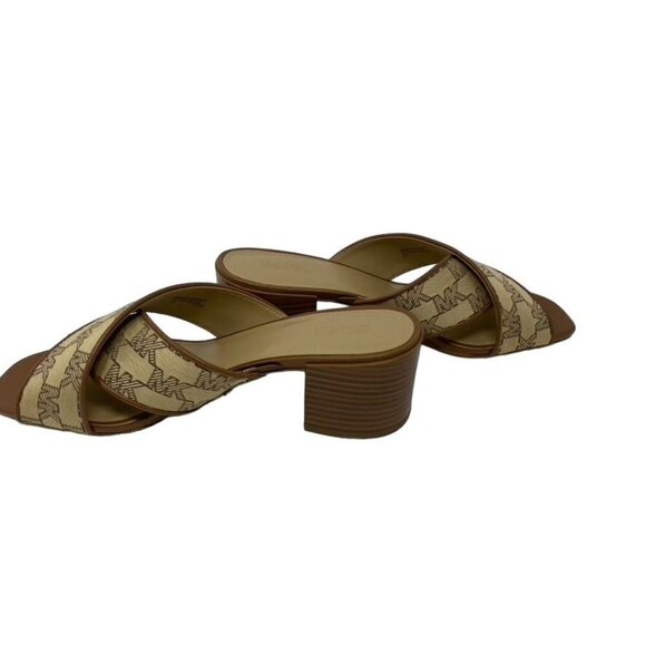 MK Michael Kors Sz 9 Abbott Open Toe Mule Beige/Ebony Logo Block Heel NWOB - Picture 4 of 9